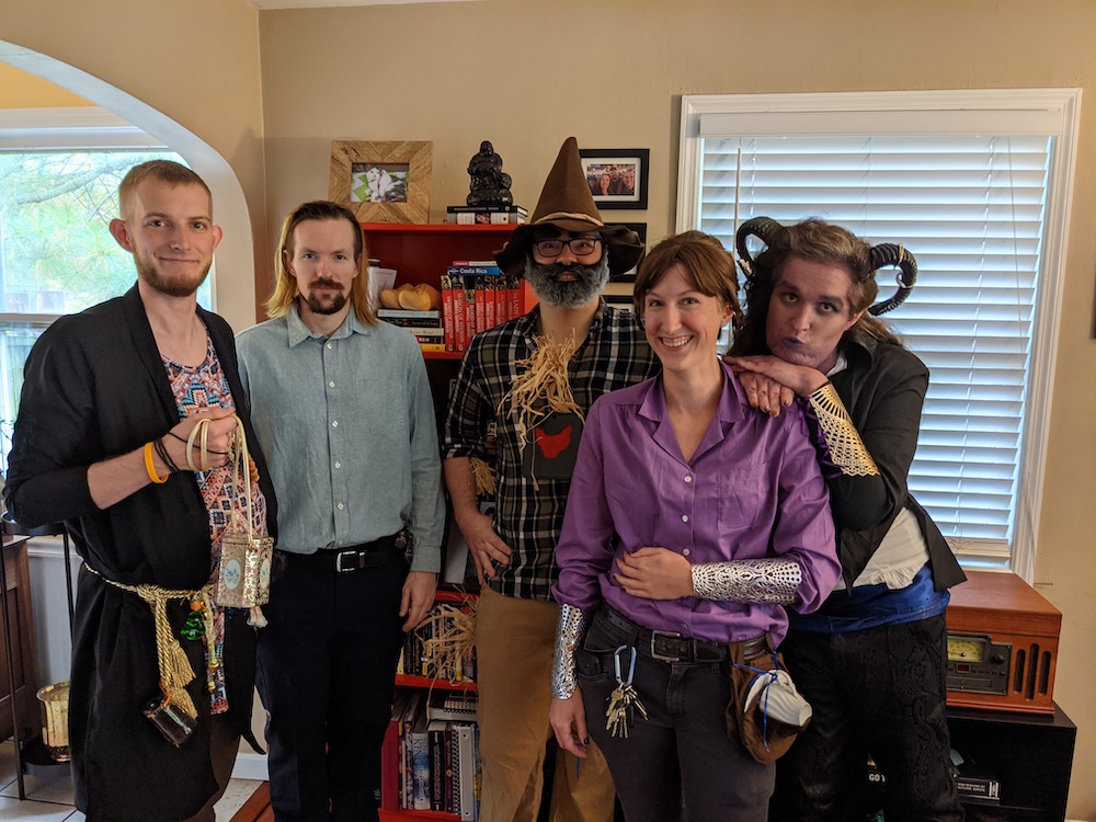 My DnD group dressed up as our own characters. From left to right, cleric, warforged, DM as a scarecrow, barbarian, and tiefling.