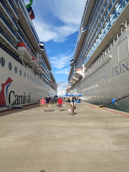 A photo of two cruise ships at a dock