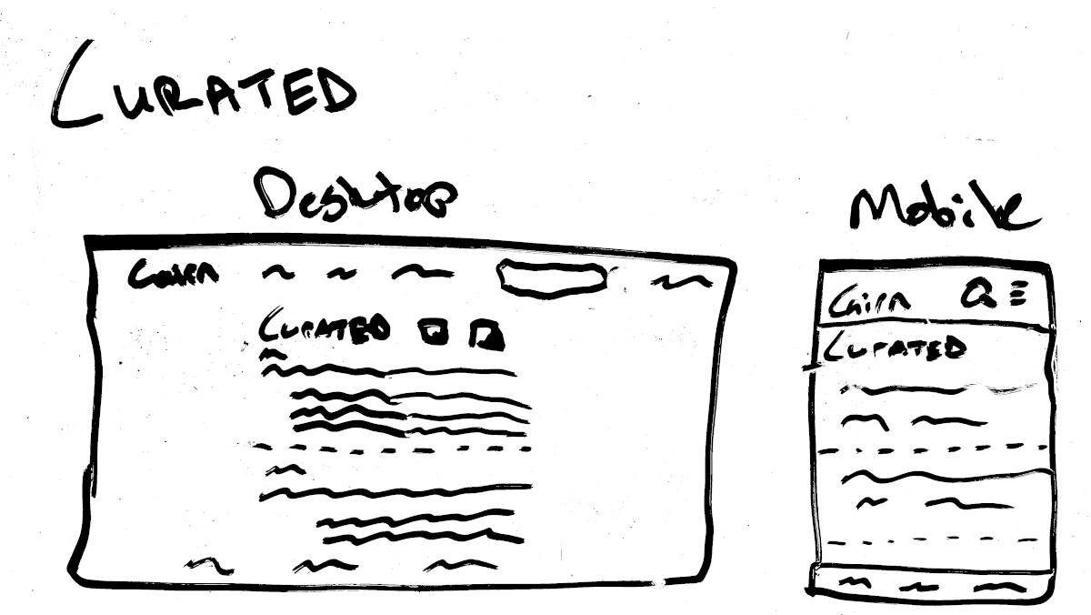 Whiteboard mockup of curated content page