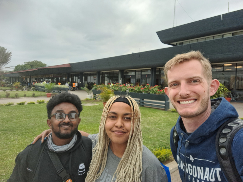 Sal, Lidya and me standing outside Kilimanjaro airport before leaving for Ethiopia.