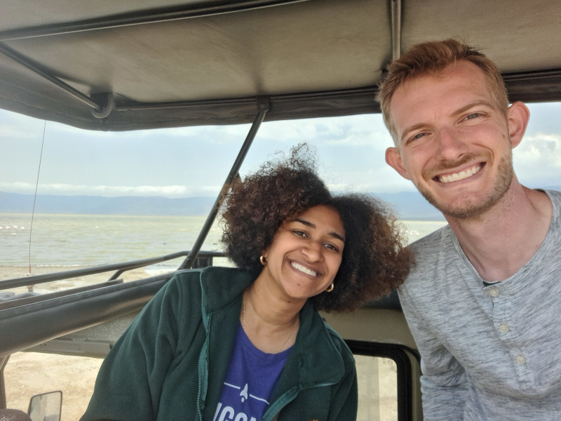 Sarah and me standing up in the jeep during the safari.