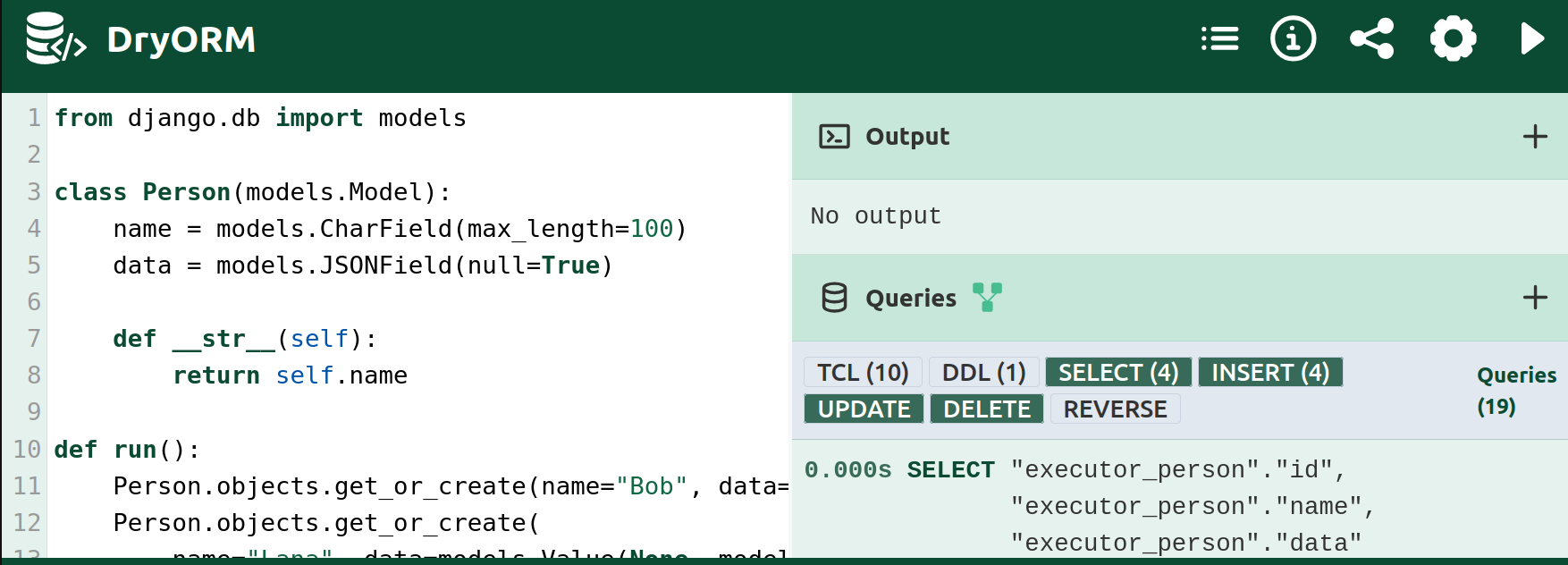 A screenshot of DryORM showing a Django model on the left panel and the queries ran on the right.