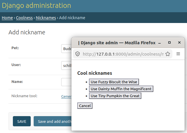 A screenshot of the custom pop up window that has three buttons with different namename choices.