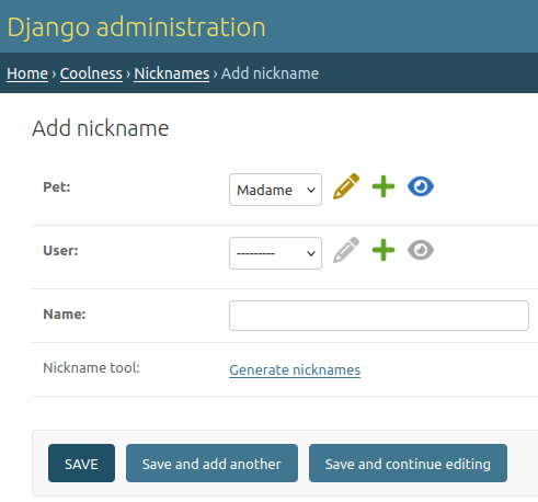 A screenshot of the create Nickname admin form with the Pet field selected.