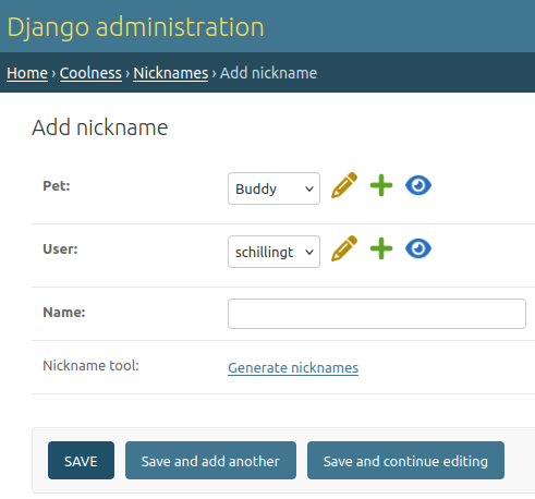 A screenshot of the create Nickname admin form with the name field missing.