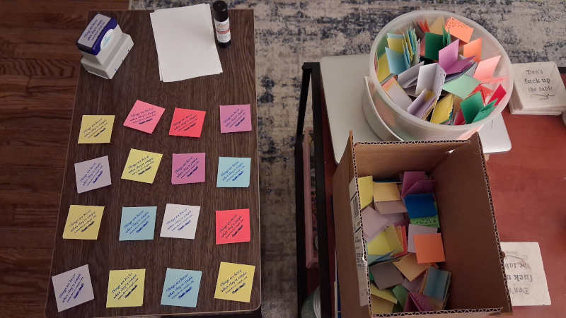 My creation process for making my paper bookmarks to hand out at conferences.