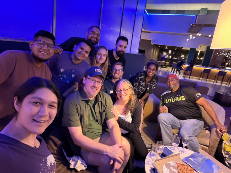 Several DjangoCon US attendees lounging in the lobby after the conference one of the nights. Photo credit: @robinishere.bsky.social